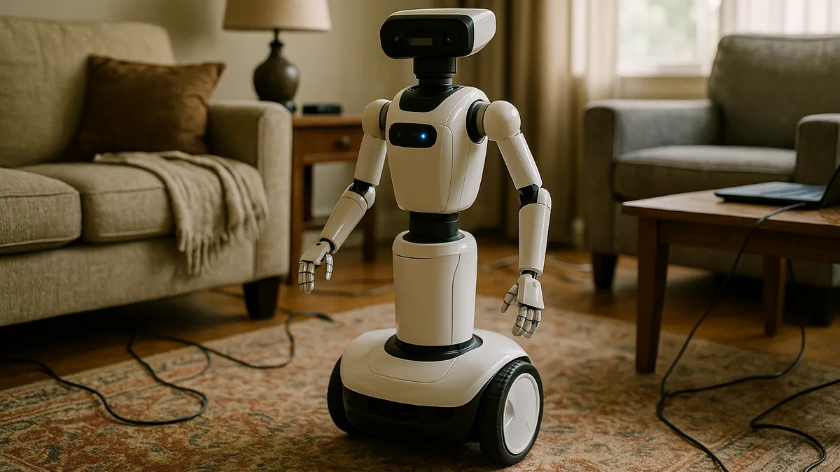 A robotic home assistant moving through a cluttered living room with visible furniture, rugs, and cords, demonstrating indoor navigation capabilities.