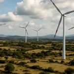 A rural Sardinian landscape with multiple wind turbines standing tall among hills and sparse vegetation under a partly cloudy sky.