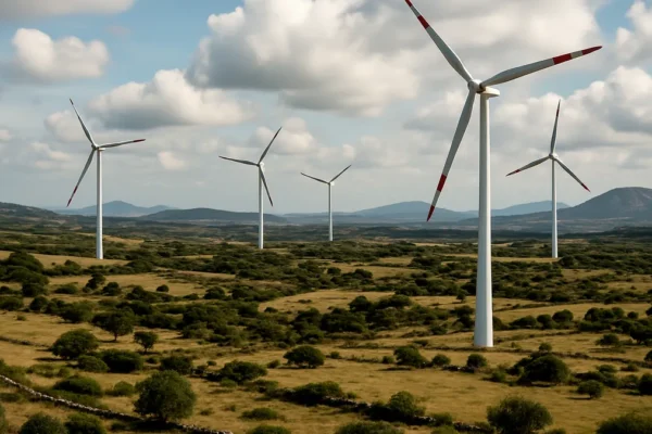 A rural Sardinian landscape with multiple wind turbines standing tall among hills and sparse vegetation under a partly cloudy sky.