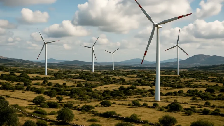 A rural Sardinian landscape with multiple wind turbines standing tall among hills and sparse vegetation under a partly cloudy sky.