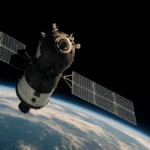 A satellite with extended solar panels orbiting Earth, visible against the backdrop of space and the planet’s curved horizon.