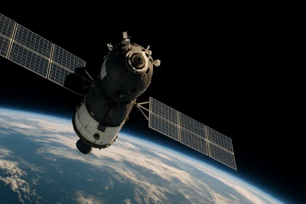 A satellite with extended solar panels orbiting Earth, visible against the backdrop of space and the planet’s curved horizon.