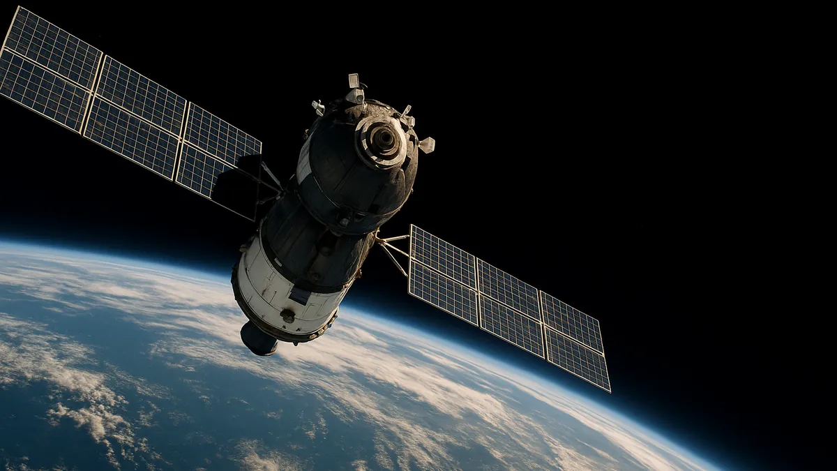 A satellite with extended solar panels orbiting Earth, visible against the backdrop of space and the planet’s curved horizon.