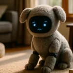 A small quadruped robot with a fuzzy exterior sits on a living room floor, showing expressive posture and facial features in a cozy home setting.