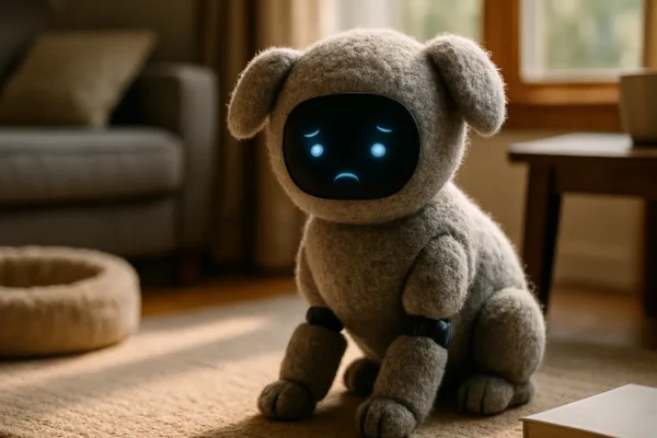 A small quadruped robot with a fuzzy exterior sits on a living room floor, showing expressive posture and facial features in a cozy home setting.