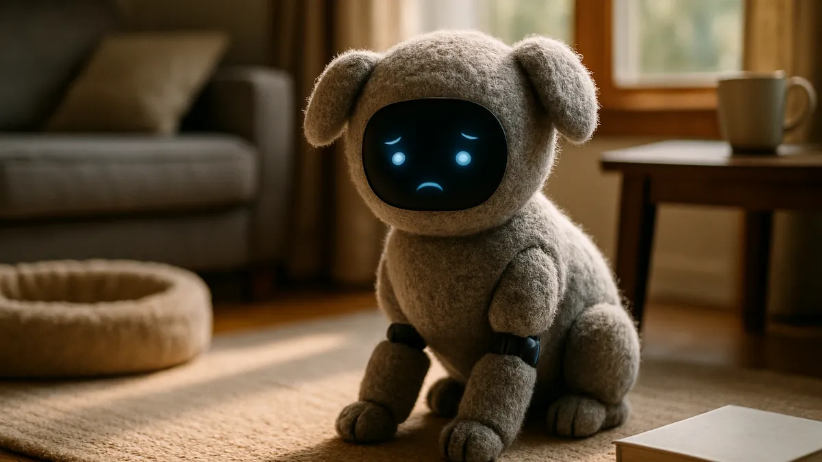 A small quadruped robot with a fuzzy exterior sits on a living room floor, showing expressive posture and facial features in a cozy home setting.