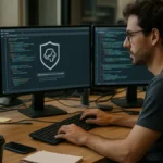 A software developer at a desk with multiple monitors showing code and AI tools in a modern office environment.