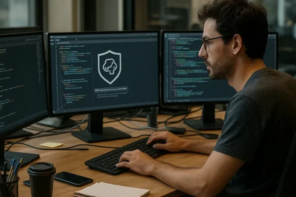 A software developer at a desk with multiple monitors showing code and AI tools in a modern office environment.