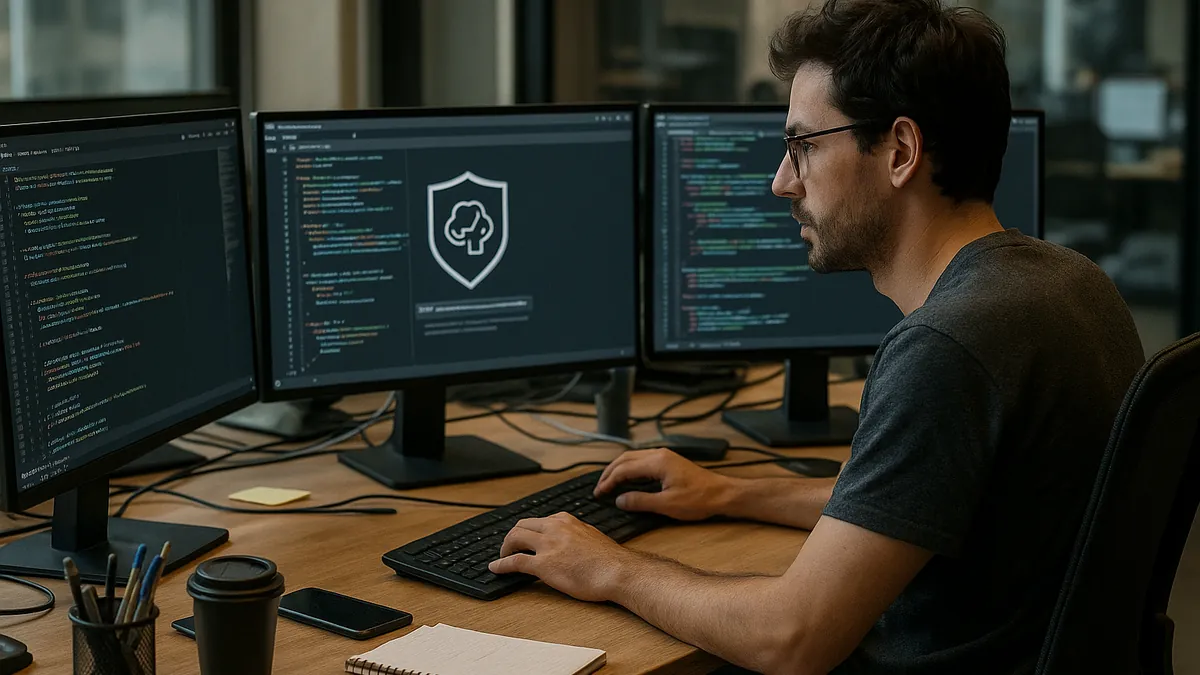 A software developer at a desk with multiple monitors showing code and AI tools in a modern office environment.