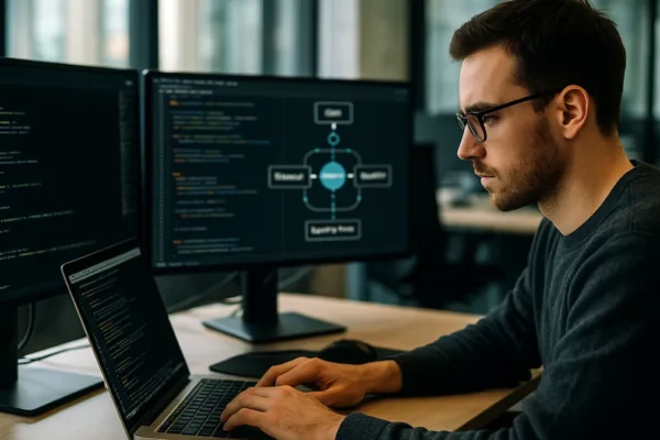 A software developer coding on a laptop with multiple screens showing code and network diagrams in an office setting.