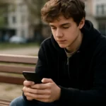 A teenage person sitting alone on a park bench looking at their smartphone in daylight