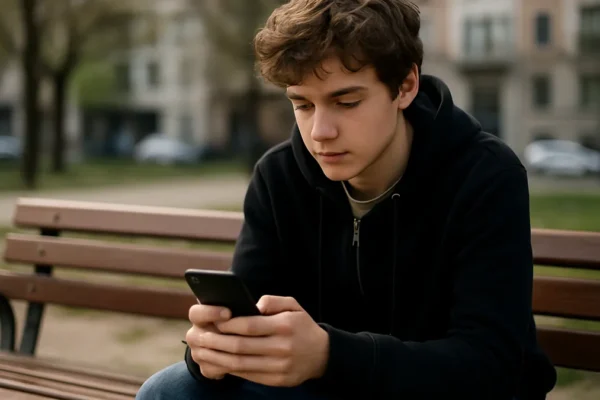 A teenage person sitting alone on a park bench looking at their smartphone in daylight