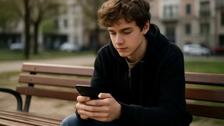 A teenage person sitting alone on a park bench looking at their smartphone in daylight