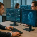 Bankers working at computers in a modern office with financial data and AI tools visible on screens.
