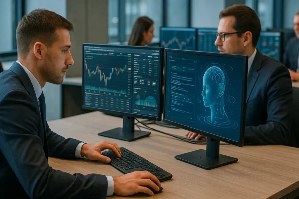 Bankers working at computers in a modern office with financial data and AI tools visible on screens.