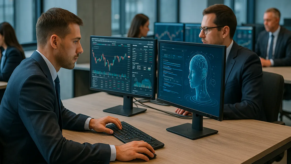 Bankers working at computers in a modern office with financial data and AI tools visible on screens.