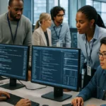 Engineers and scientists collaborating in a modern AI research lab with computers and code on screens.