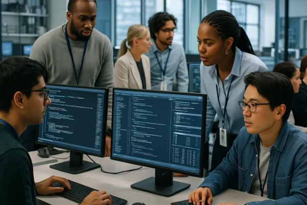 Engineers and scientists collaborating in a modern AI research lab with computers and code on screens.
