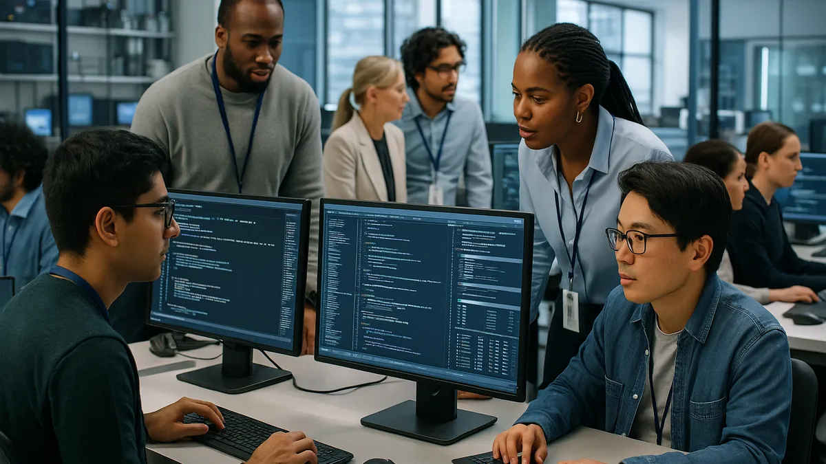 Engineers and scientists collaborating in a modern AI research lab with computers and code on screens.