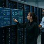 Engineers working inside a data center surrounded by server racks and monitoring performance on screens.