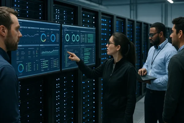 Engineers working inside a data center surrounded by server racks and monitoring performance on screens.