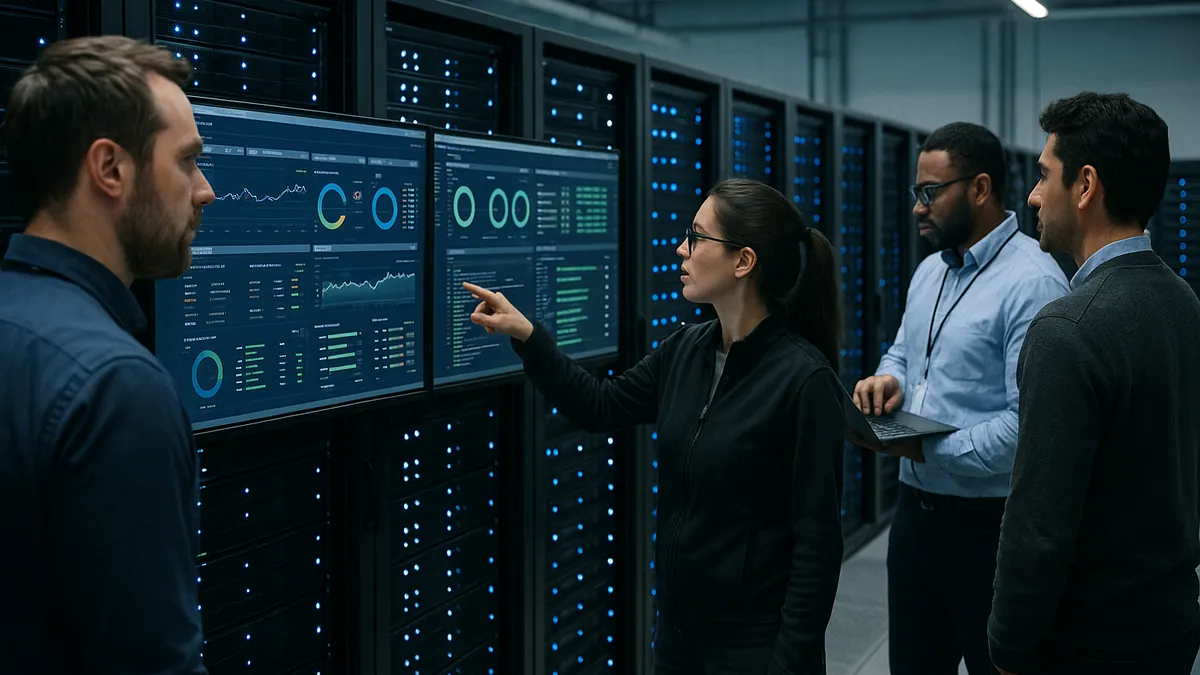 Engineers working inside a data center surrounded by server racks and monitoring performance on screens.
