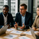 Finance team collaborating around a conference table with laptops and documents in a modern office setting.
