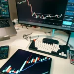 Stock charts are displayed on multiple screens.