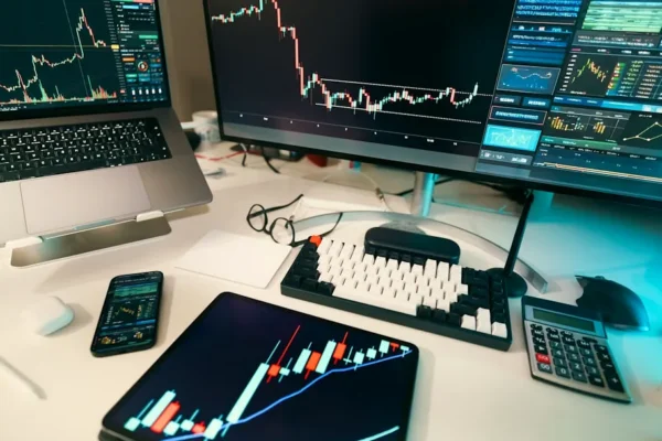 Stock charts are displayed on multiple screens.
